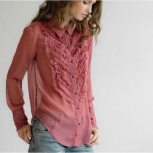 Free People Semi Sheer Raspberry Ruffle Tuxedo Blouse Size Large